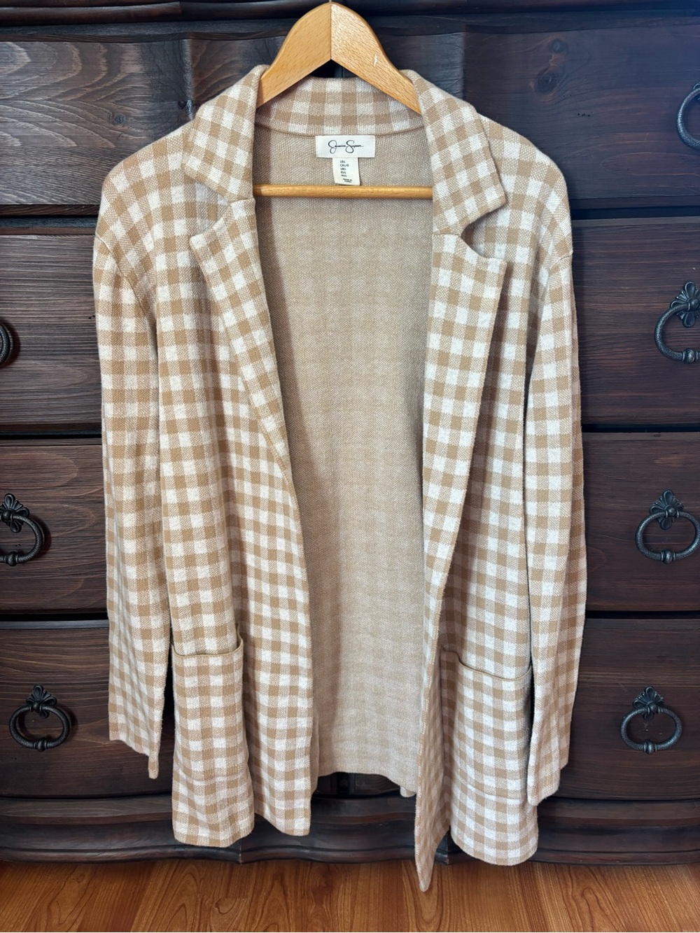 Jessica Simpson Tan & White Gingham Cardigan / Sweater, Size Large, 100% Cotton